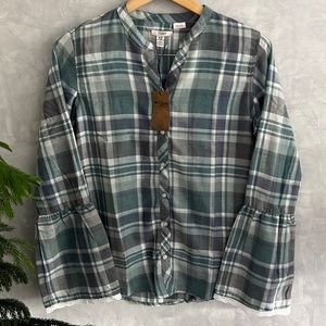 Girls Silver Jeans, Plaid V Neck Bell Sleeve Top. Size 14-16. XL